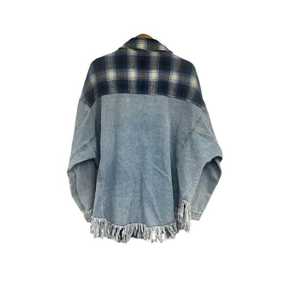 Vici Collection Dance & Marvel Blue Plaid Frayed Denim Jacket Shacket Large - Picture 3 of 9